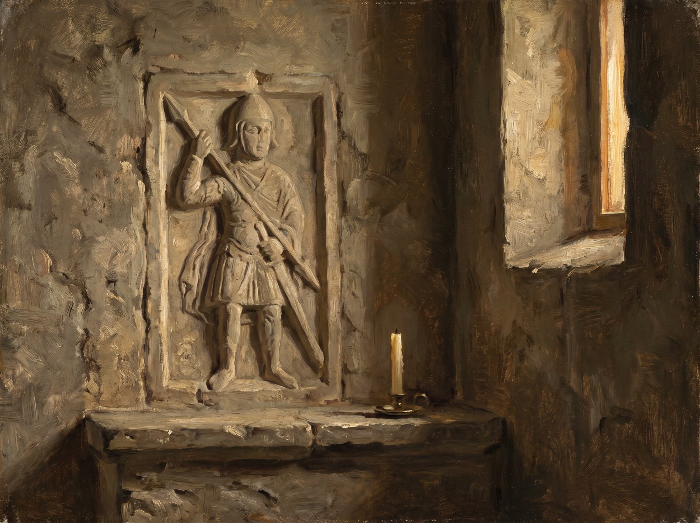 Dipinto: il bassorilievo romanico del Guerriero con la lancia nella chiesa, a lume di candela