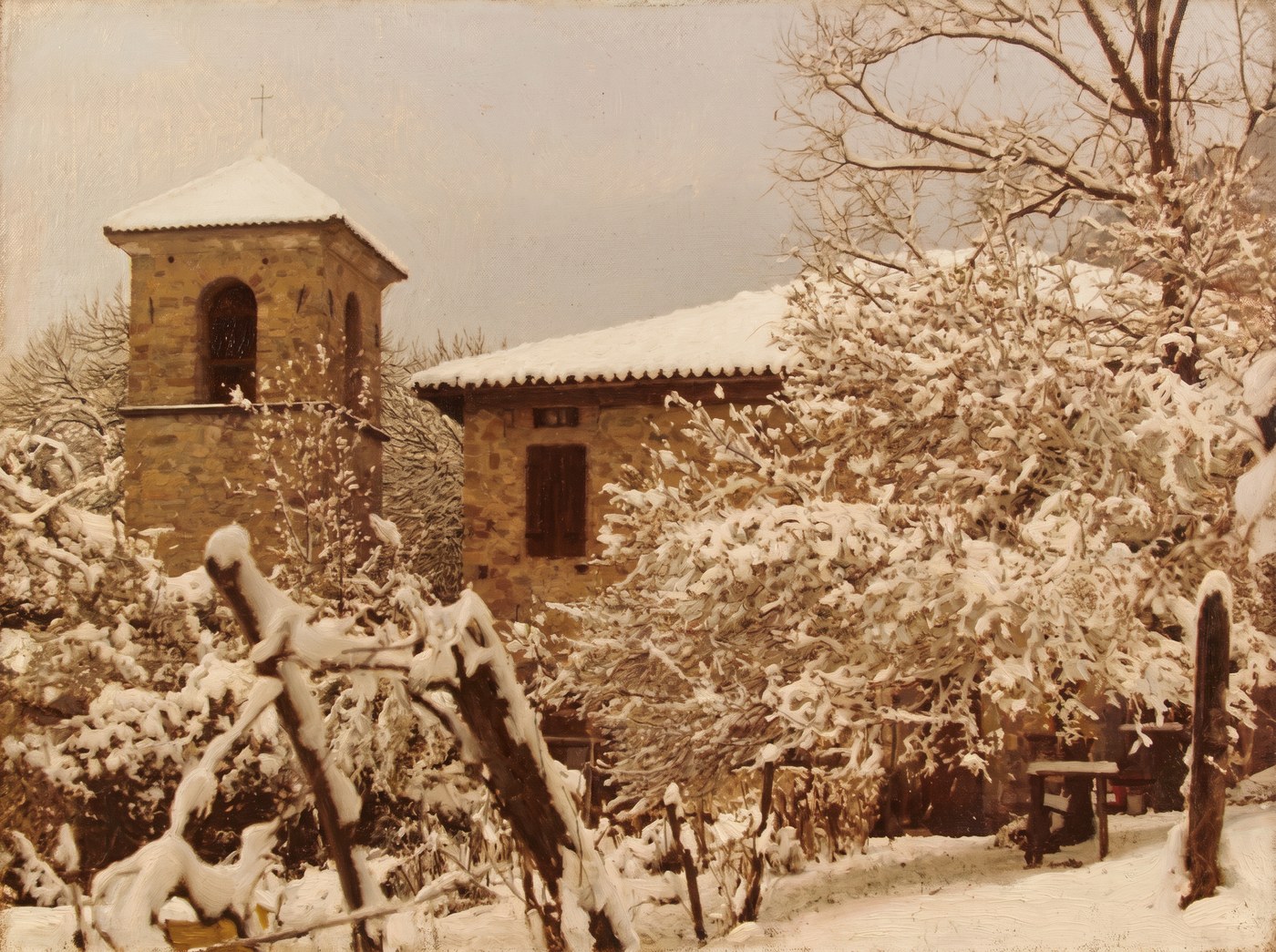 Dipinto: la chiesa di San Giovanni Battista col campanile sotto la neve