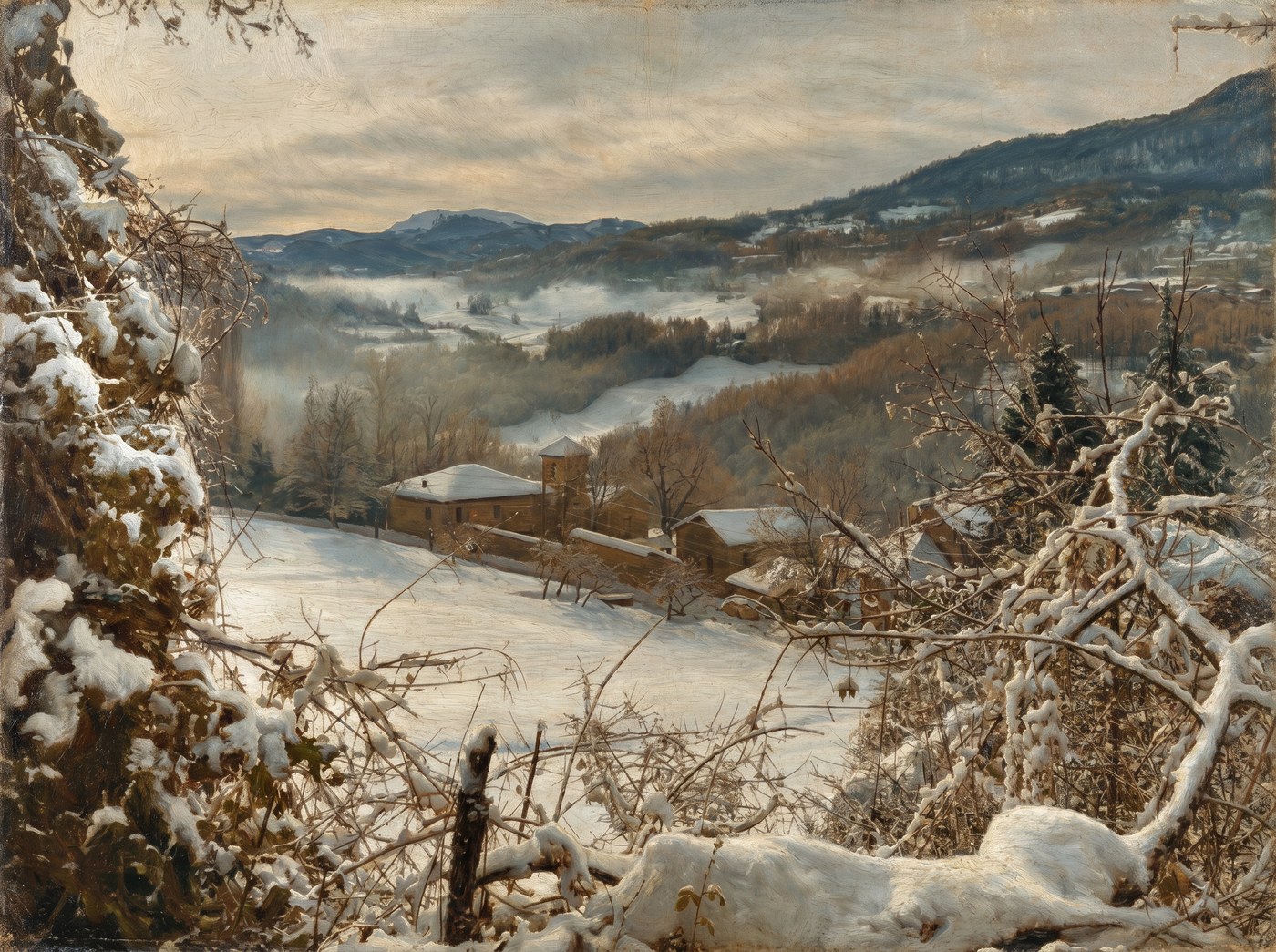 Dipinto: la valle di Caneto innevata vista dall'alto tra i rami