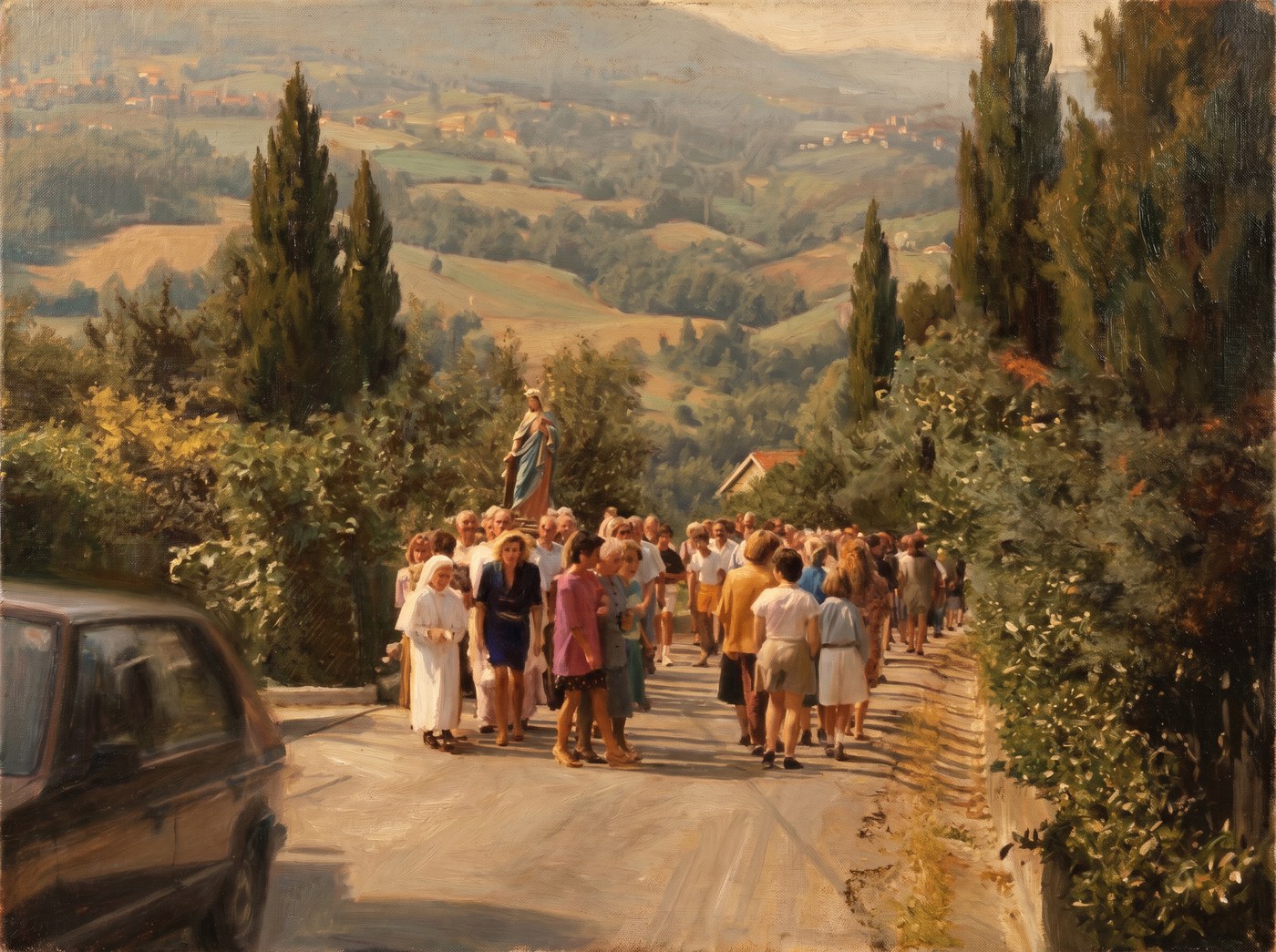 Dipinto: la processione della Madonna sulla strada del paese, anni Ottanta