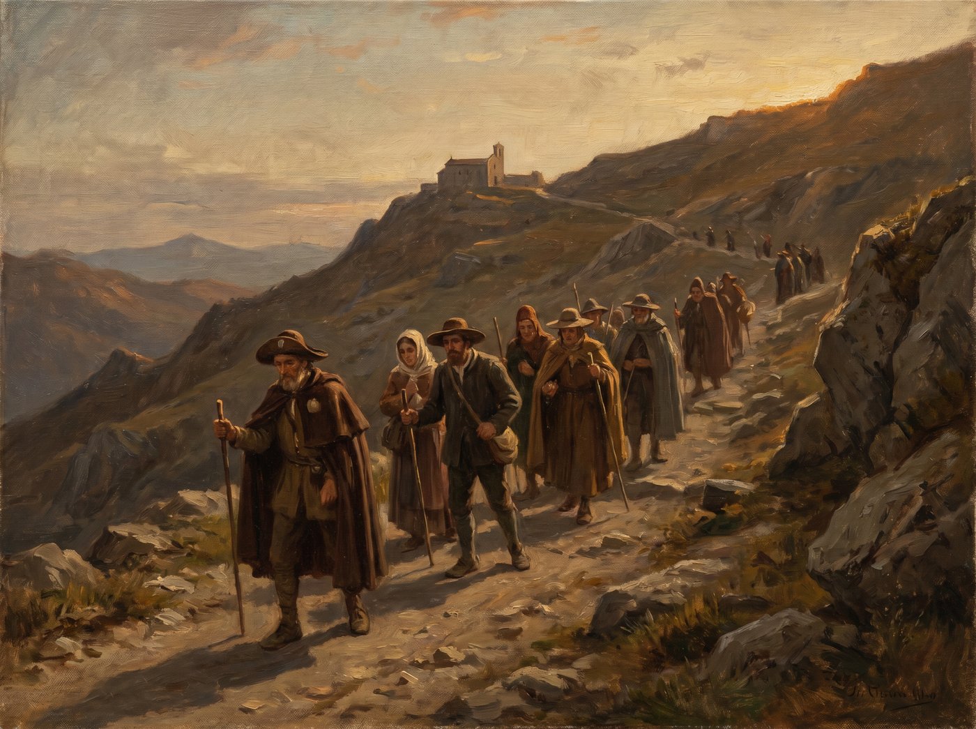 Dipinto: pellegrini in fila salgono la mulattiera verso il passo al tramonto