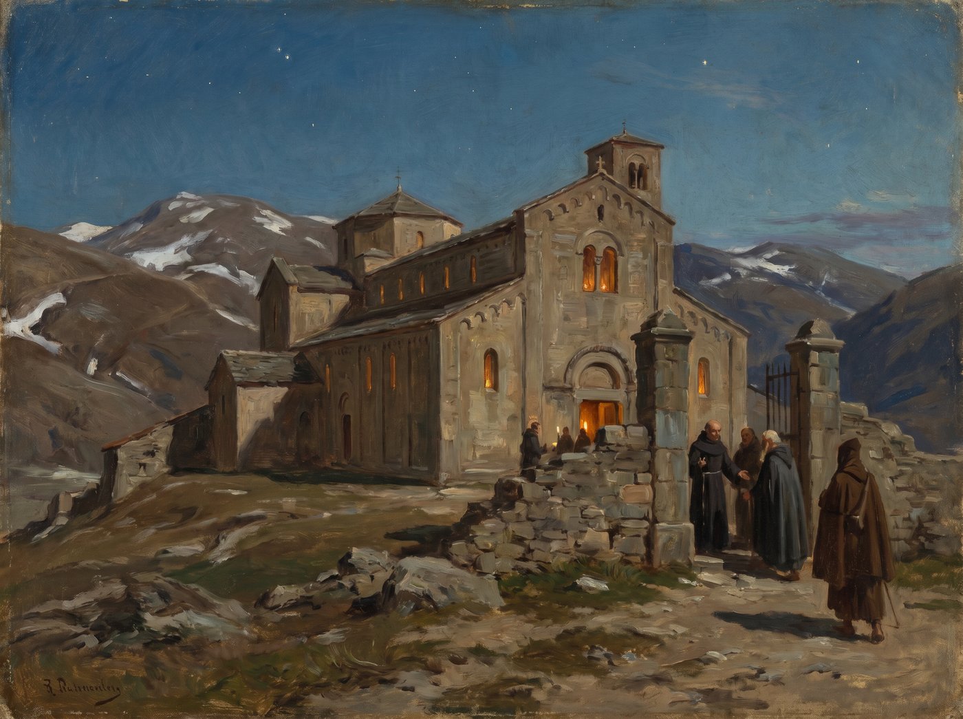 Dipinto: l'abbazia romanica sul crinale al crepuscolo, monaci accolgono i pellegrini