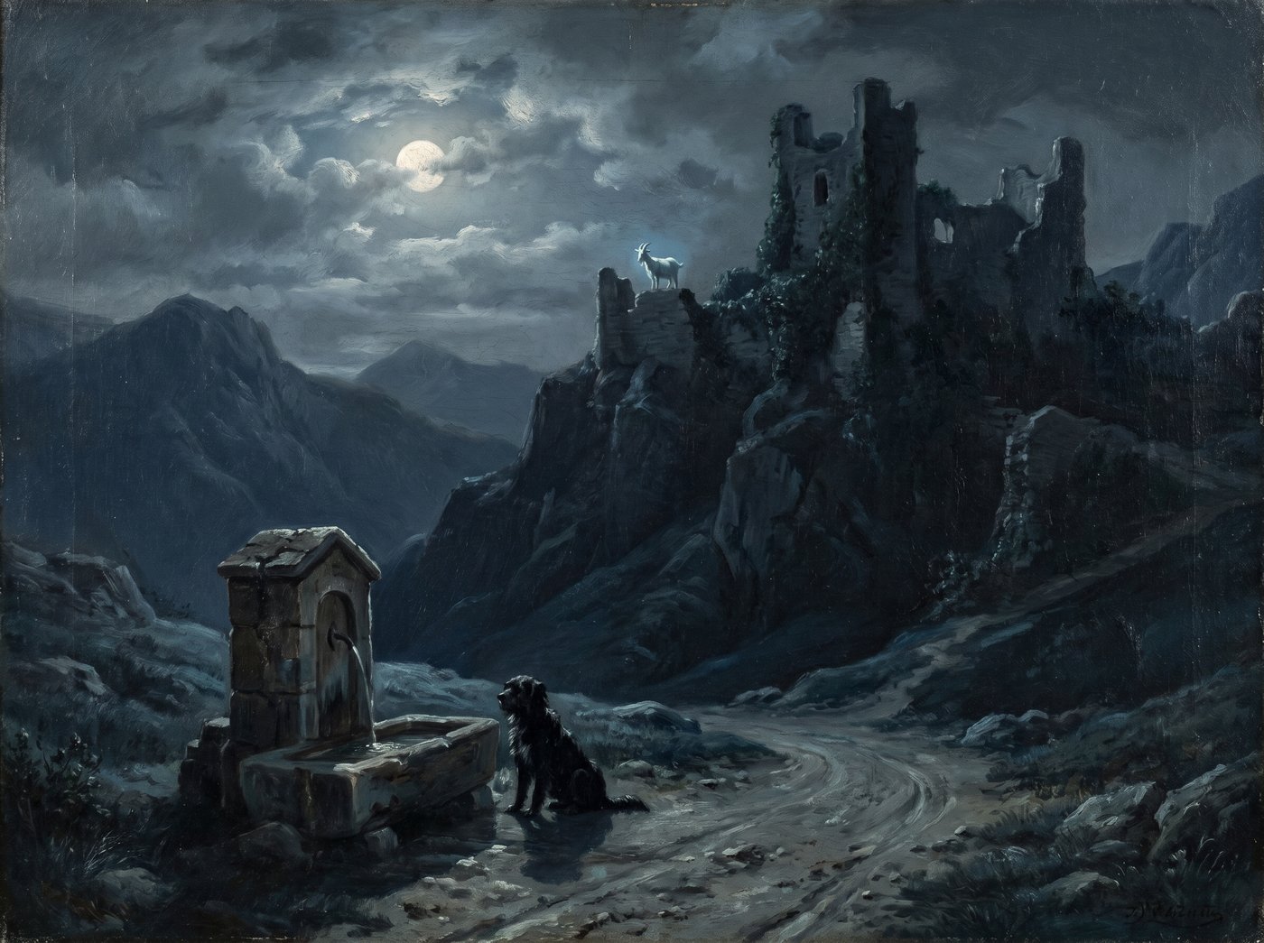 Dipinto notturno: la fontana al chiaro di luna, il cane nero accanto, la capra bianca sui ruderi del castello