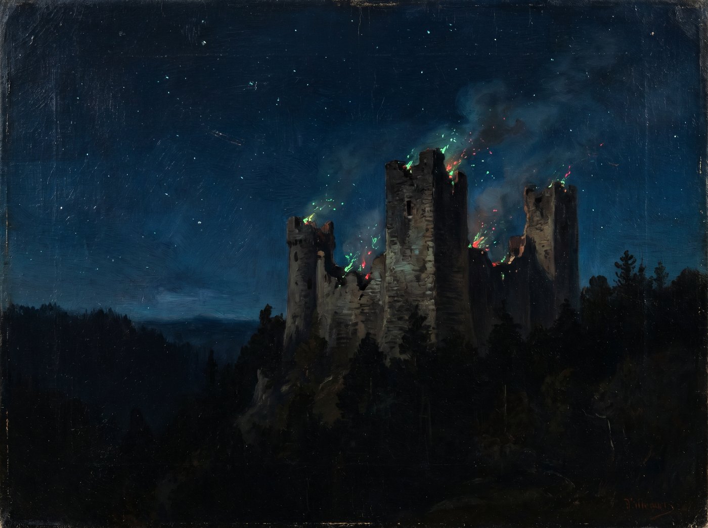 Dipinto notturno: le tre torri in rovina sotto un cielo stellato, scintille verdi e rosse tra le merlature