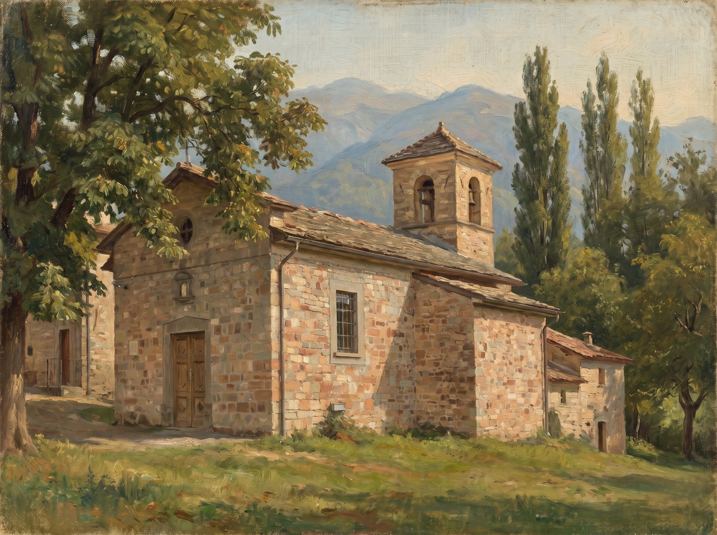 Dipinto: la Chiesa di San Giovanni Battista in pietra con il campanile, su un pendio appenninico