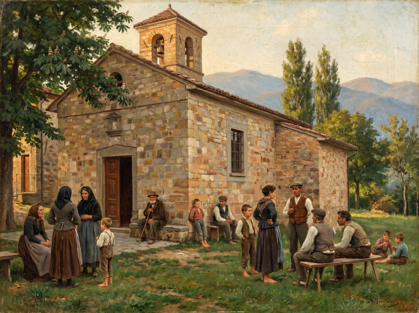 Dipinto: paesani davanti alla chiesa dopo la festa del patrono, abiti rurali di inizio Novecento
