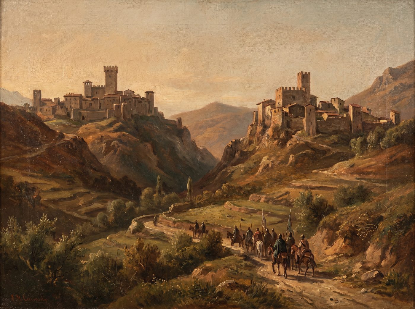 Dipinto: borghi fortificati su crinali opposti con torri di guardia e cavalieri in valle