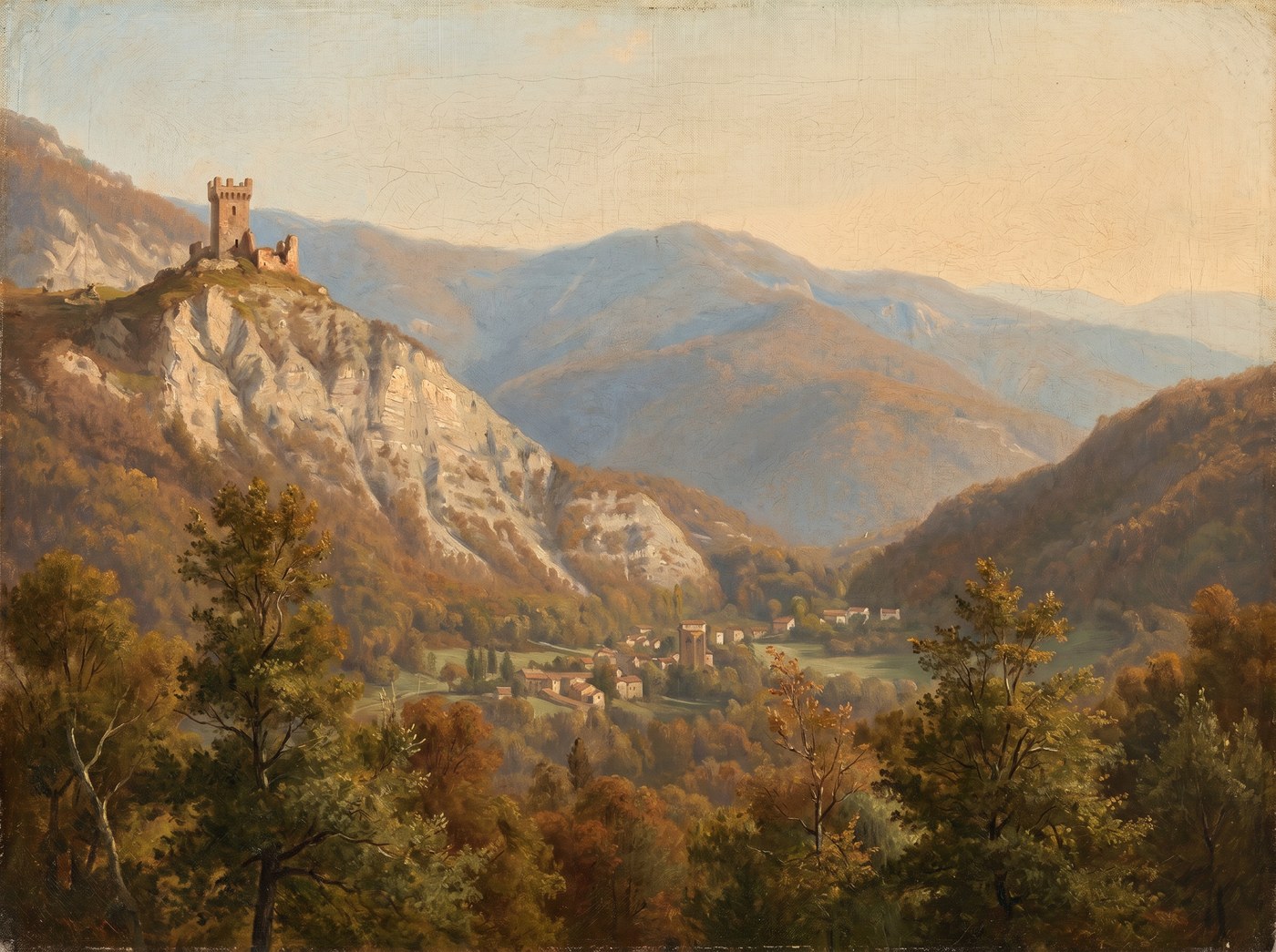 Dipinto: la valle di Caneto con una torre fortificata medievale sul Groppo, olio ottocentesco