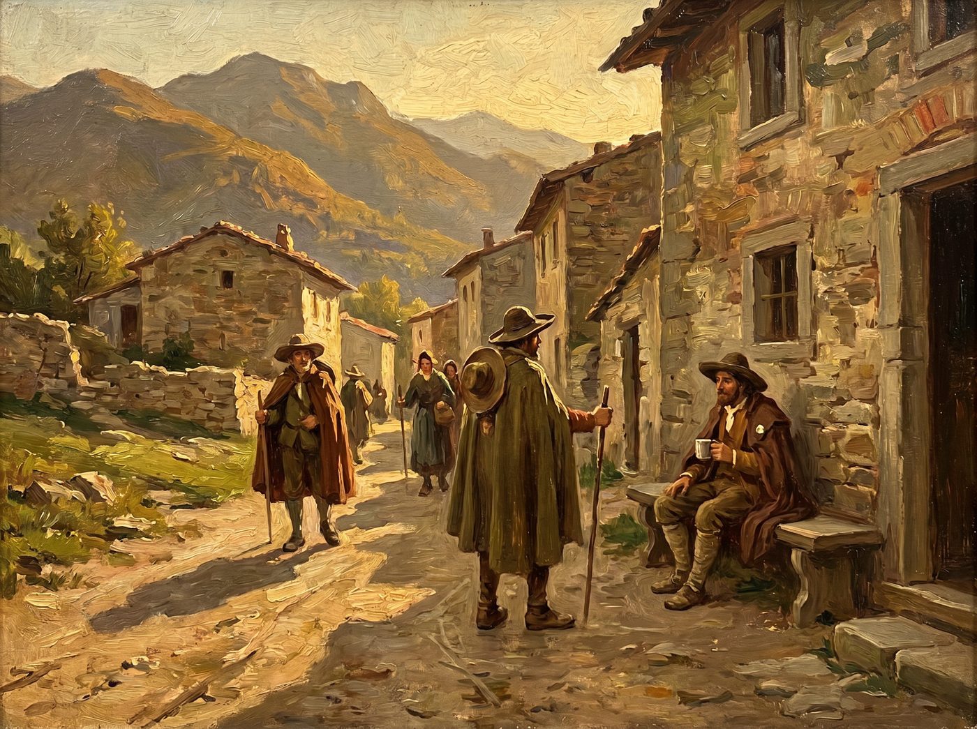 Dipinto: pellegrini con bastoni e mantelli attraversano il borgo verso il crinale al tramonto