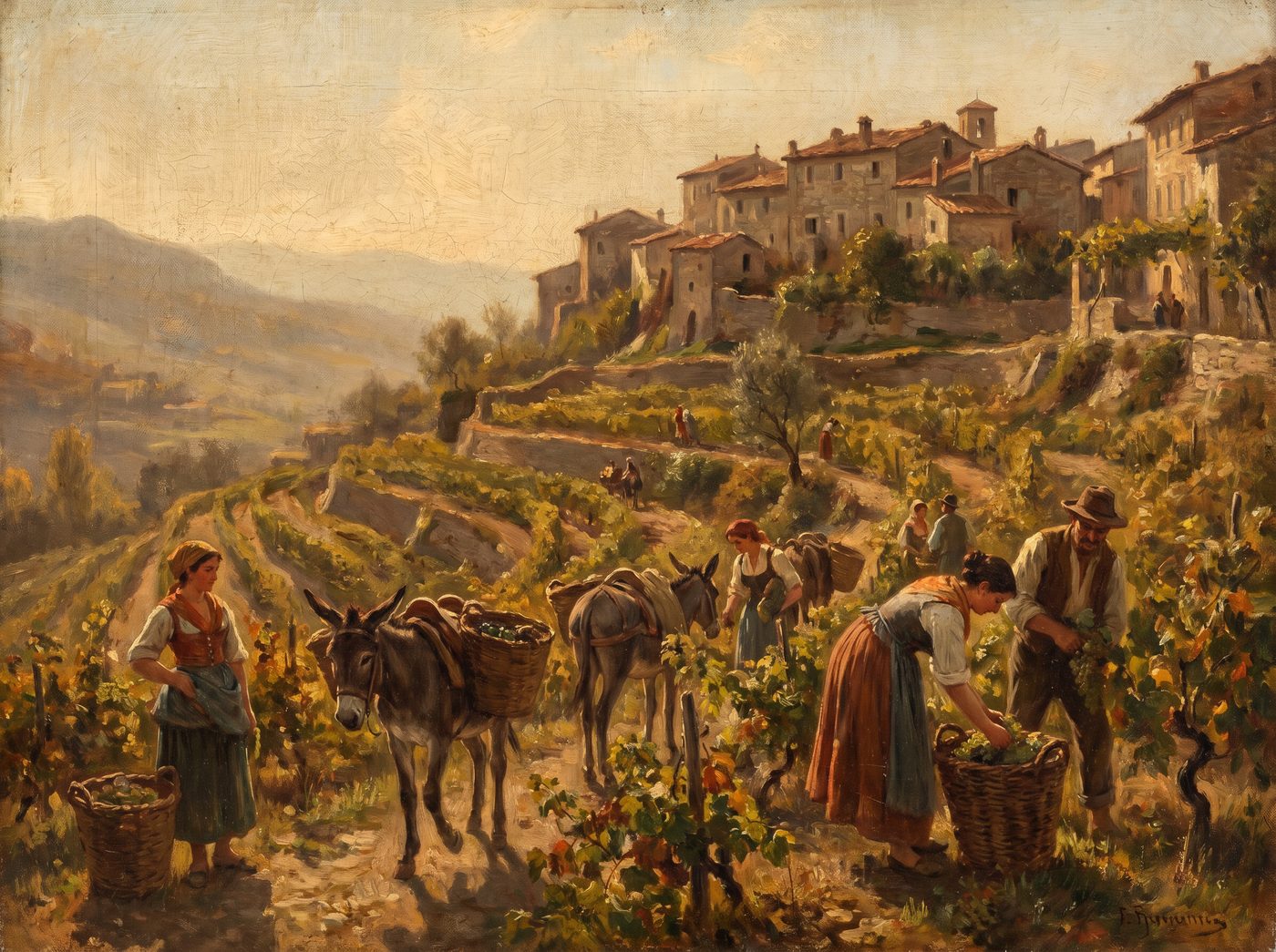 Dipinto: vendemmia su terrazzamenti soleggiati sotto il borgo di pietra