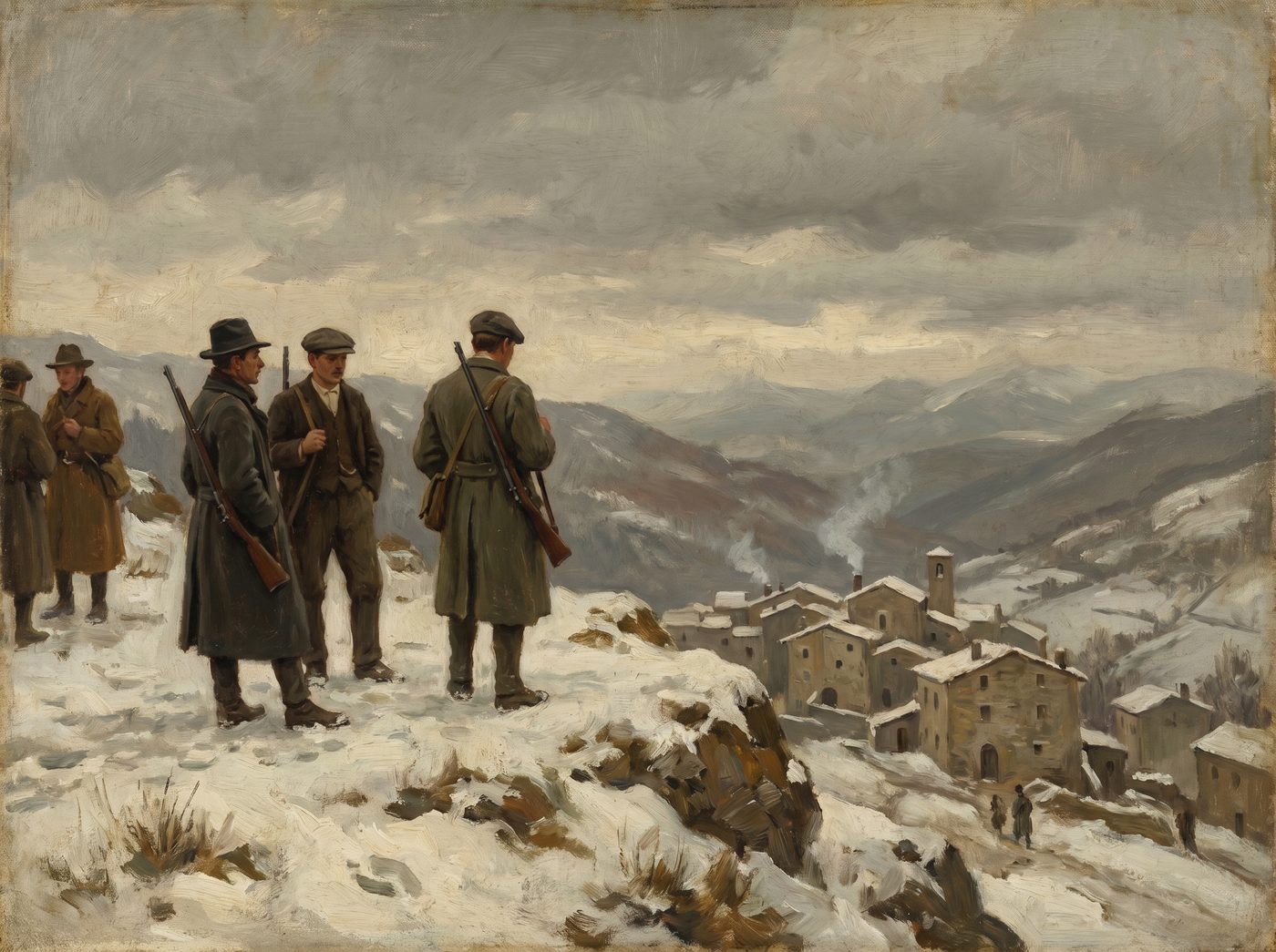 Dipinto: partigiani in cappotti scuri su un crinale innevato sopra il borgo, cielo grigio