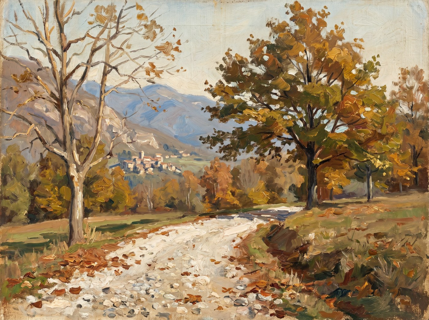 Dipinto: una strada di campagna in autunno verso Caneto, con il borgo in lontananza e i monti dell'Appennino